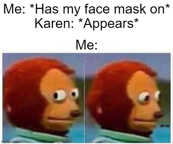 Welp, time to get my ear plugs | Me: *Has my face mask on*
Karen: *Appears*; Me:; oh no | image tagged in memes,monkey puppet | made w/ Imgflip meme maker