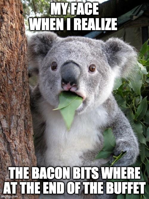 When I forget the bacon.... | MY FACE WHEN I REALIZE; THE BACON BITS WHERE AT THE END OF THE BUFFET | image tagged in memes,surprised koala | made w/ Imgflip meme maker