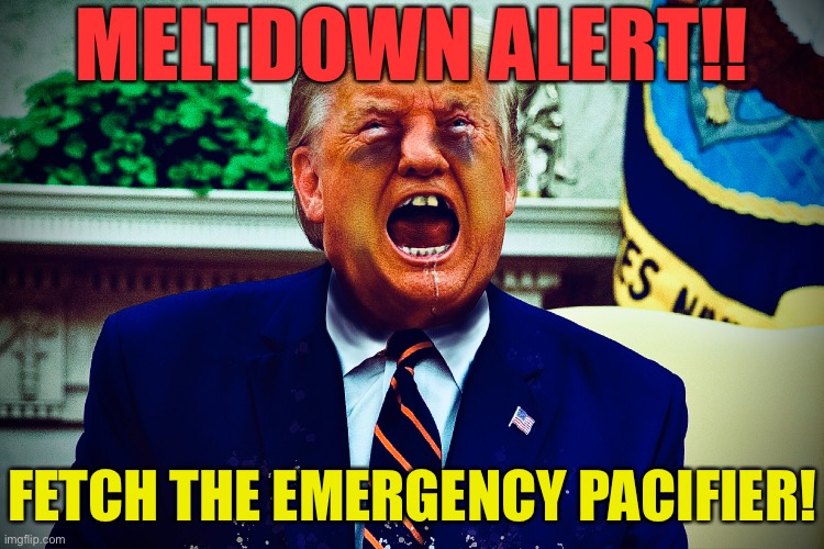 MEltdown alert | MELTDOWN ALERT!! FETCH THE EMERGENCY PACIFIER! | image tagged in donald trump | made w/ Imgflip meme maker