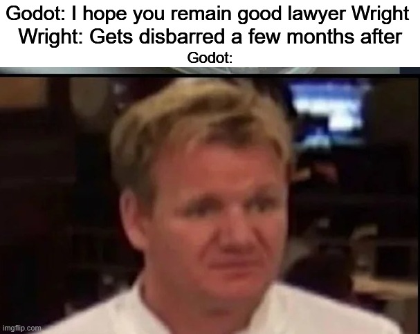 WTF Tright | Godot: I hope you remain good lawyer Wright; Wright: Gets disbarred a few months after; Godot: | image tagged in wtf gordon ramsey,ace attorney | made w/ Imgflip meme maker
