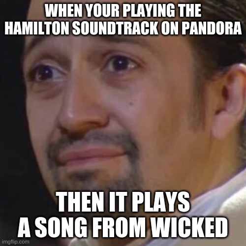 i hate this (pls dont ask why i am making memes again) | WHEN YOUR PLAYING THE HAMILTON SOUNDTRACK ON PANDORA; THEN IT PLAYS A SONG FROM WICKED | image tagged in sad hamilton,wicked,pandora | made w/ Imgflip meme maker