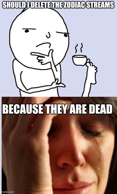 SHOULD I DELETE THE ZODIAC STREAMS; BECAUSE THEY ARE DEAD | image tagged in thinking meme | made w/ Imgflip meme maker