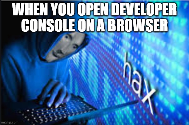 Hax | WHEN YOU OPEN DEVELOPER CONSOLE ON A BROWSER | image tagged in hax | made w/ Imgflip meme maker