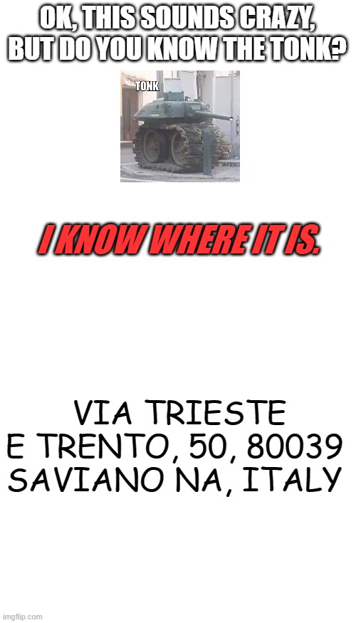 THE TONK!!! | OK, THIS SOUNDS CRAZY, BUT DO YOU KNOW THE TONK? I KNOW WHERE IT IS. VIA TRIESTE E TRENTO, 50, 80039 SAVIANO NA, ITALY | image tagged in blank white template | made w/ Imgflip meme maker