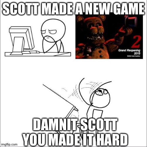 When I found out fnaf 2 was a prequel | SCOTT MADE A NEW GAME; DAMNIT SCOTT YOU MADE IT HARD | image tagged in when i found out fnaf 2 was a prequel | made w/ Imgflip meme maker