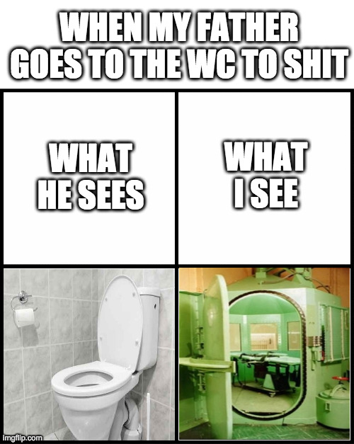 Everyone will agree with me | WHEN MY FATHER GOES TO THE WC TO SHIT; WHAT I SEE; WHAT HE SEES | image tagged in blank drake format | made w/ Imgflip meme maker