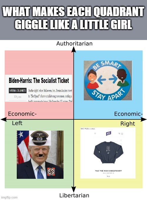 giggle | WHAT MAKES EACH QUADRANT GIGGLE LIKE A LITTLE GIRL | image tagged in political compass | made w/ Imgflip meme maker