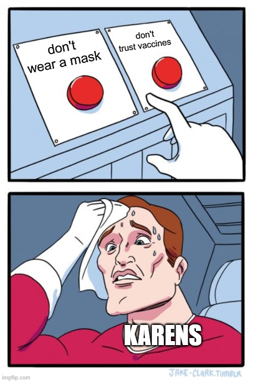 Two Buttons Meme | don't trust vaccines; don't wear a mask; KARENS | image tagged in memes,two buttons | made w/ Imgflip meme maker