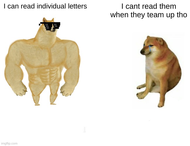 joke funny haha | I can read individual letters; I cant read them when they team up tho; _/_^-^_\_; the joke was that he cant read if you didn't know | image tagged in memes,buff doge vs cheems | made w/ Imgflip meme maker