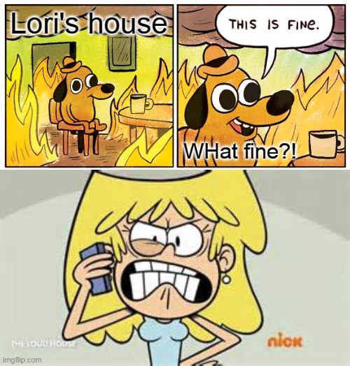 FIND WHAT THAT! | Lori's house; WHat fine?! | image tagged in memes,this is fine,lori loud | made w/ Imgflip meme maker