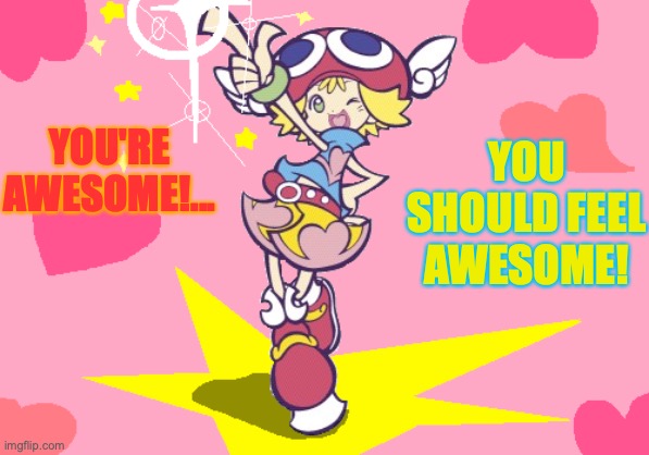 Amitie gives you a cheer! (I drew the background and shine, but not the character) | YOU'RE AWESOME!... YOU SHOULD FEEL AWESOME! | image tagged in sega,wholesome,shiny,kindness,drawing,puyo puyo | made w/ Imgflip meme maker