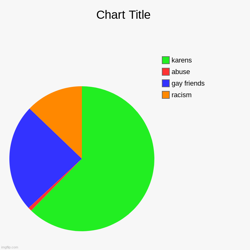 racism , gay friends, abuse, karens | image tagged in charts,pie charts | made w/ Imgflip chart maker