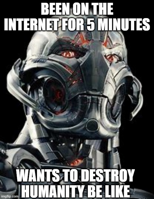 bruh moment | BEEN ON THE INTERNET FOR 5 MINUTES; WANTS TO DESTROY HUMANITY BE LIKE | image tagged in ultron | made w/ Imgflip meme maker