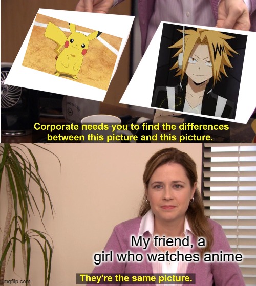 i cant tell them apart either trust me | My friend, a girl who watches anime | image tagged in memes,they're the same picture | made w/ Imgflip meme maker