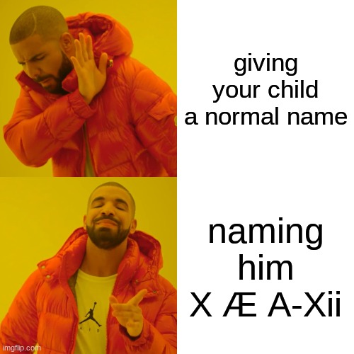 put in repost cuz i found it online but made it on here | giving your child a normal name; naming him X Æ A-Xii | image tagged in memes,drake hotline bling,repost | made w/ Imgflip meme maker