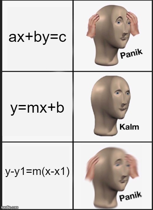 math makes me cry | ax+by=c; y=mx+b; y-y1=m(x-x1) | image tagged in memes,panik kalm panik | made w/ Imgflip meme maker