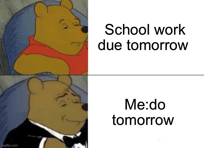 Tuxedo Winnie The Pooh | School work due tomorrow; Me:do tomorrow | image tagged in memes,tuxedo winnie the pooh | made w/ Imgflip meme maker