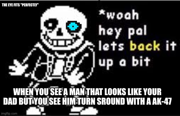 Back up bruh | THE EYE FITS "PERFECTLY"; WHEN YOU SEE A MAN THAT LOOKS LIKE YOUR DAD BUT YOU SEE HIM TURN SROUND WITH A AK-47 | image tagged in woah hey pal lets back it up a bit | made w/ Imgflip meme maker