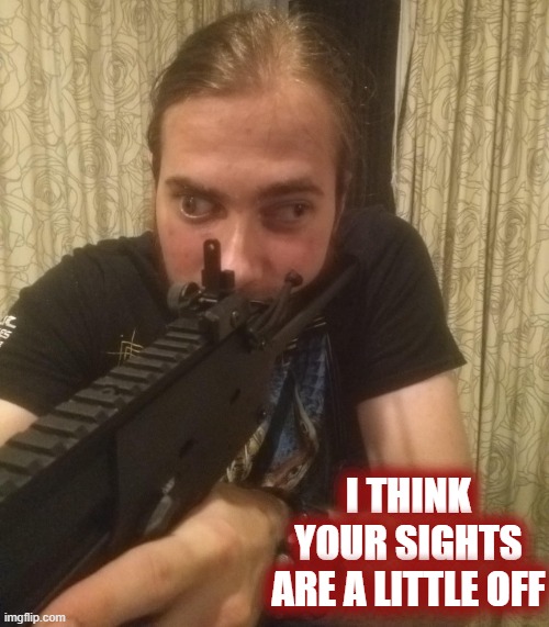 Keep your eye on the target! | I THINK YOUR SIGHTS ARE A LITTLE OFF | image tagged in steve buscemi,crazy eyes,guns,target practice,funny | made w/ Imgflip meme maker