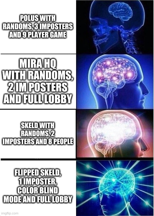 tbh mira is still decent | POLUS WITH RANDOMS, 3 IMPOSTERS AND 9 PLAYER GAME; MIRA HQ WITH RANDOMS, 2 IM POSTERS AND FULL LOBBY; SKELD WITH RANDOMS, 2 IMPOSTERS AND 8 PEOPLE; FLIPPED SKELD, 1 IMPOSTER, COLOR BLIND MODE AND FULL LOBBY | image tagged in memes,expanding brain | made w/ Imgflip meme maker