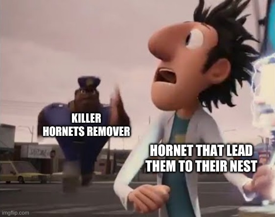 The screwed uo | KILLER HORNETS REMOVER; HORNET THAT LEAD THEM TO THEIR NEST | image tagged in officer earl running,killer hornets | made w/ Imgflip meme maker