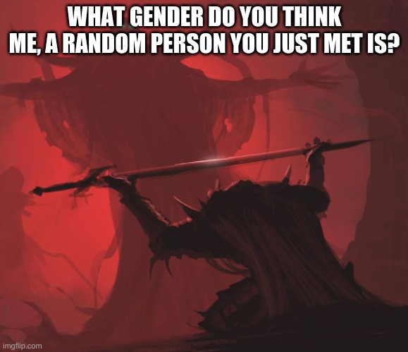 What if I told you, yes I am male | WHAT GENDER DO YOU THINK ME, A RANDOM PERSON YOU JUST MET IS? | image tagged in man giving sword to larger man | made w/ Imgflip meme maker