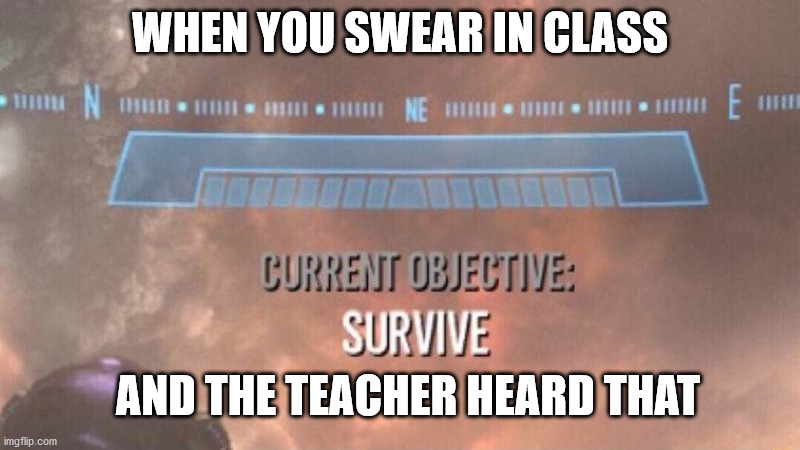 It was at this moment he knew he had ****** up | WHEN YOU SWEAR IN CLASS; AND THE TEACHER HEARD THAT | image tagged in current objective survive | made w/ Imgflip meme maker