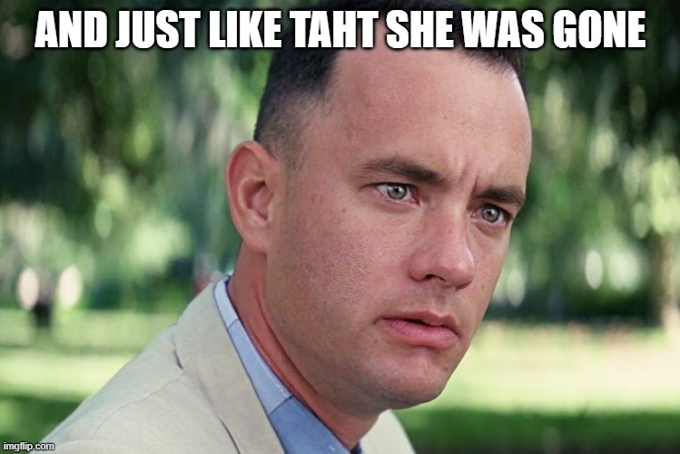 And Just Like That Meme | AND JUST LIKE TAHT SHE WAS GONE | image tagged in memes,and just like that | made w/ Imgflip meme maker