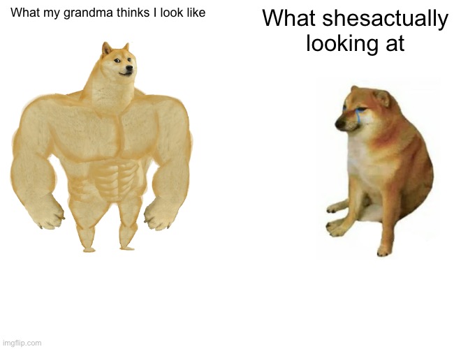 Buff Doge vs. Cheems | What my grandma thinks I look like; What she’s actually looking at | image tagged in memes,buff doge vs cheems | made w/ Imgflip meme maker