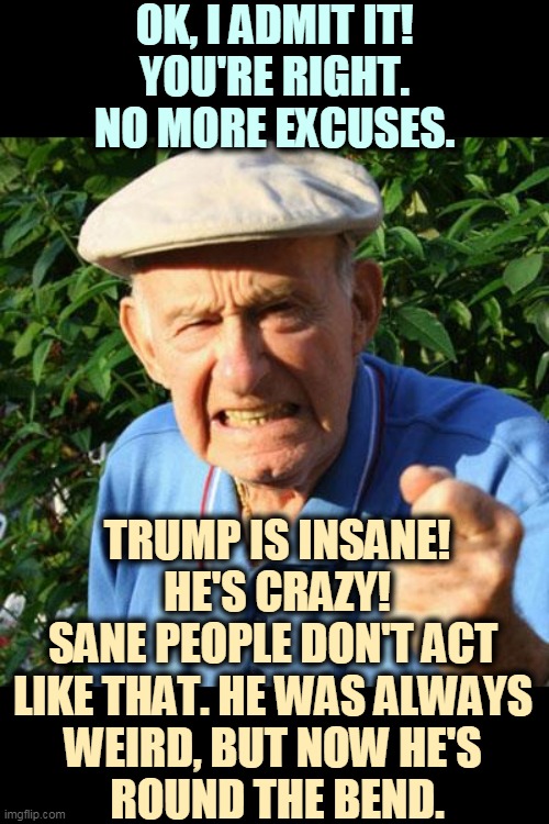 Be honest. | OK, I ADMIT IT!
YOU'RE RIGHT.
NO MORE EXCUSES. TRUMP IS INSANE!
HE'S CRAZY!
SANE PEOPLE DON'T ACT 
LIKE THAT. HE WAS ALWAYS 
WEIRD, BUT NOW HE'S 
ROUND THE BEND. | image tagged in angry old man,trump,crazy,insane,nuts,sick | made w/ Imgflip meme maker