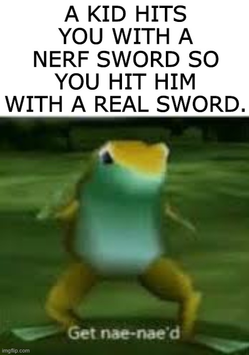 get nae naed | A KID HITS YOU WITH A NERF SWORD SO YOU HIT HIM WITH A REAL SWORD. | image tagged in get nae naed | made w/ Imgflip meme maker