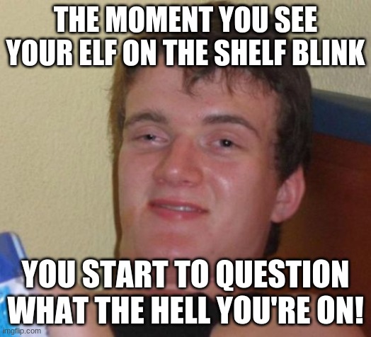 )_( | THE MOMENT YOU SEE YOUR ELF ON THE SHELF BLINK; YOU START TO QUESTION WHAT THE HELL YOU'RE ON! | image tagged in memes,10 guy,elf on the shelf,hold up,elf on a shelf,wait what | made w/ Imgflip meme maker