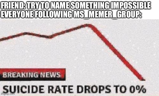 Suicide rates drop | FRIEND: TRY TO NAME SOMETHING IMPOSSIBLE
EVERYONE FOLLOWING MS_MEMER_GROUP: | image tagged in suicide rates drop | made w/ Imgflip meme maker