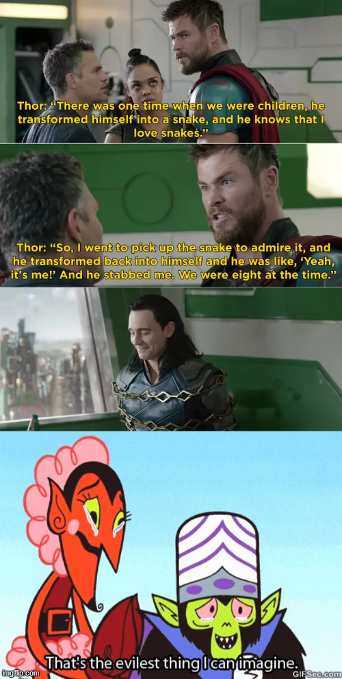 I hate snakes. Thor, you're weird. | image tagged in that's the evilest thing i can imagine,thor ragnarok,loki | made w/ Imgflip meme maker