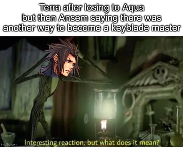 All of you who played kingdom hearts birth by sleep will understand. | Terra after losing to Aqua but then Ansem saying there was another way to become a keyblade master | image tagged in interesting reaction but what does it mean,kingdom hearts | made w/ Imgflip meme maker