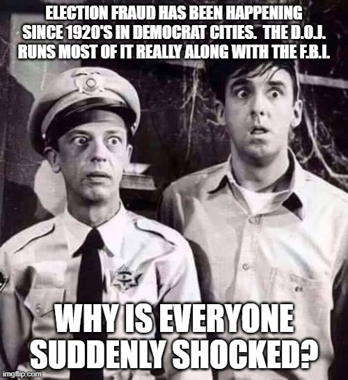 You are not paying attention. | ELECTION FRAUD HAS BEEN HAPPENING SINCE 1920'S IN DEMOCRAT CITIES.  THE D.O.J. RUNS MOST OF IT REALLY ALONG WITH THE F.B.I. WHY IS EVERYONE SUDDENLY SHOCKED? | image tagged in shocked in mayberry | made w/ Imgflip meme maker