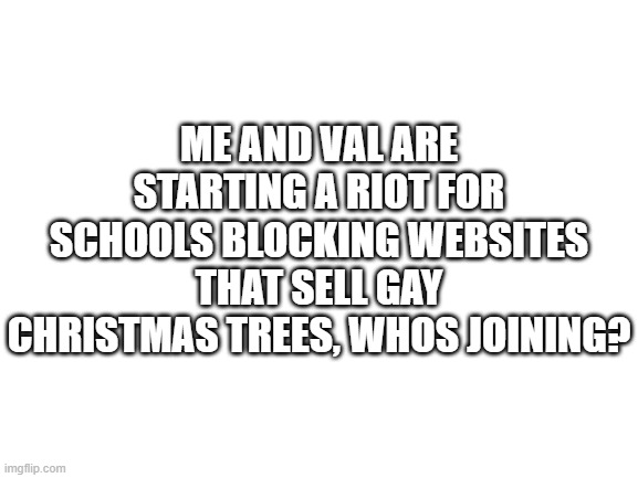 >:( | ME AND VAL ARE STARTING A RIOT FOR SCHOOLS BLOCKING WEBSITES THAT SELL GAY CHRISTMAS TREES, WHOS JOINING? | image tagged in blank white template | made w/ Imgflip meme maker