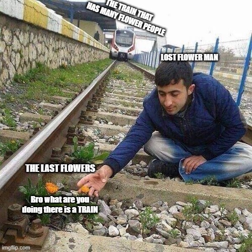When your so dumb, that your so interested into flowers but you don't realize a train is coming | THE TRAIN THAT HAS MANY FLOWER PEOPLE; LOST FLOWER MAN; THE LAST FLOWERS; Bro what are you doing there is a TRAIN | image tagged in flower train man | made w/ Imgflip meme maker