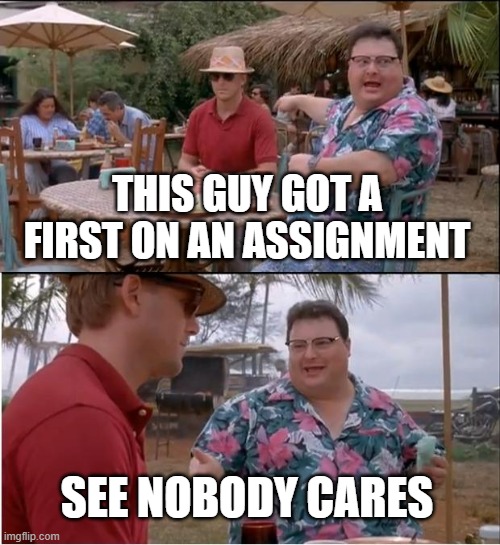 i got a first | THIS GUY GOT A FIRST ON AN ASSIGNMENT; SEE NOBODY CARES | image tagged in memes,see nobody cares | made w/ Imgflip meme maker