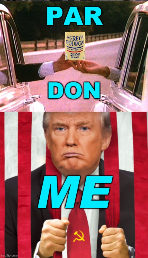 PAR; DON; ME | image tagged in grey poupon pardon me trump,pardon me,grey poupon,mustard,lock him up,trump russia collusion | made w/ Imgflip meme maker