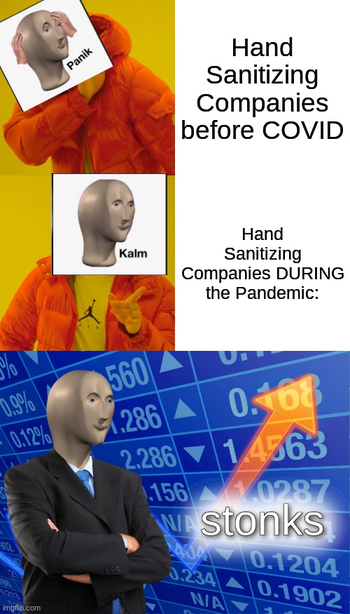 So True if ya get it | Hand Sanitizing Companies before COVID; Hand Sanitizing Companies DURING the Pandemic: | image tagged in memes,drake hotline bling,stonks,funny,panik kalm panik | made w/ Imgflip meme maker