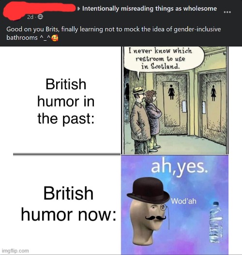 "Good on you Brits, finally learning not to mock the idea of gender inclusive bathrooms." | image tagged in repost,wholesome,transgender bathroom,transgender bathrooms,transgender,genderfluid bathroom | made w/ Imgflip meme maker