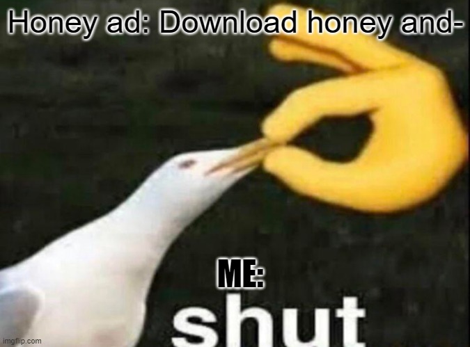 honey commercials are so annoying | Honey ad: Download honey and-; ME: | image tagged in shut | made w/ Imgflip meme maker