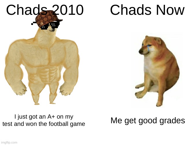Buff vs loser | Chads 2010; Chads Now; I just got an A+ on my test and won the football game; Me get good grades | image tagged in memes,buff doge vs cheems | made w/ Imgflip meme maker