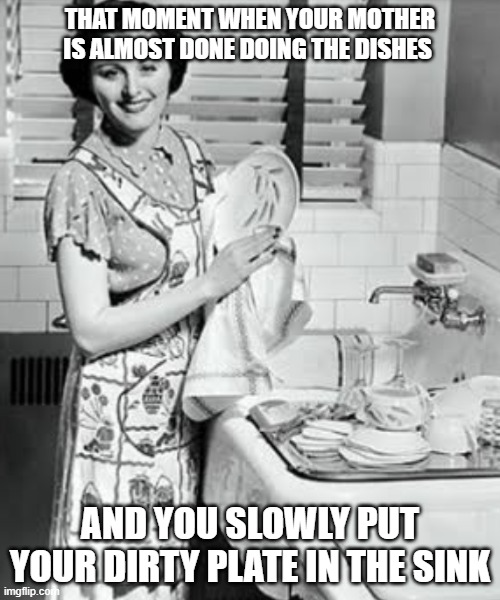 Help- | THAT MOMENT WHEN YOUR MOTHER IS ALMOST DONE DOING THE DISHES; AND YOU SLOWLY PUT YOUR DIRTY PLATE IN THE SINK | image tagged in washing dishes | made w/ Imgflip meme maker