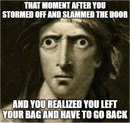 Dramatic exit fail | THAT MOMENT AFTER YOU STORMED OFF AND SLAMMED THE DOOR; AND YOU REALIZED YOU LEFT YOUR BAG AND HAVE TO GO BACK | image tagged in that moment when,awkward | made w/ Imgflip meme maker