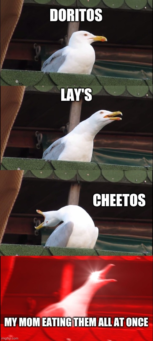 Inhaling Seagull Meme | DORITOS; LAY'S; CHEETOS; MY MOM EATING THEM ALL AT ONCE | image tagged in memes,inhaling seagull | made w/ Imgflip meme maker