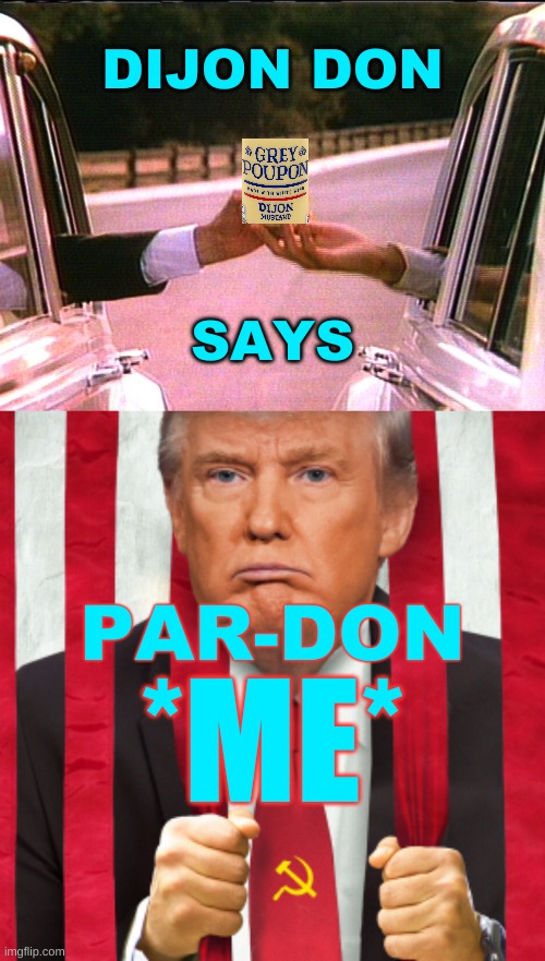 DIJON DON; SAYS; PAR-DON; *ME* | image tagged in grey poupon pardon me trump,dijon don,pardon me,grey poupon,lock him up,trump russia collusion | made w/ Imgflip meme maker