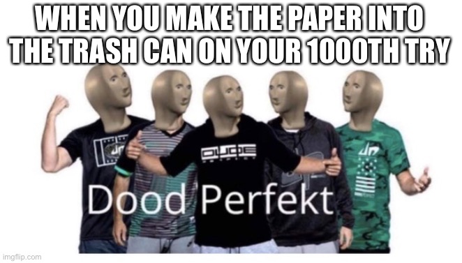 Lowkey miss this | WHEN YOU MAKE THE PAPER INTO THE TRASH CAN ON YOUR 1000TH TRY | image tagged in dood perfekt,meme man,memes,funny | made w/ Imgflip meme maker