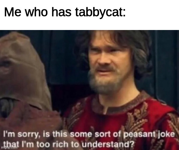 i am sorry is this some sort of a peasant joke that i am too... | Me who has tabbycat: | image tagged in i am sorry is this some sort of a peasant joke that i am too | made w/ Imgflip meme maker